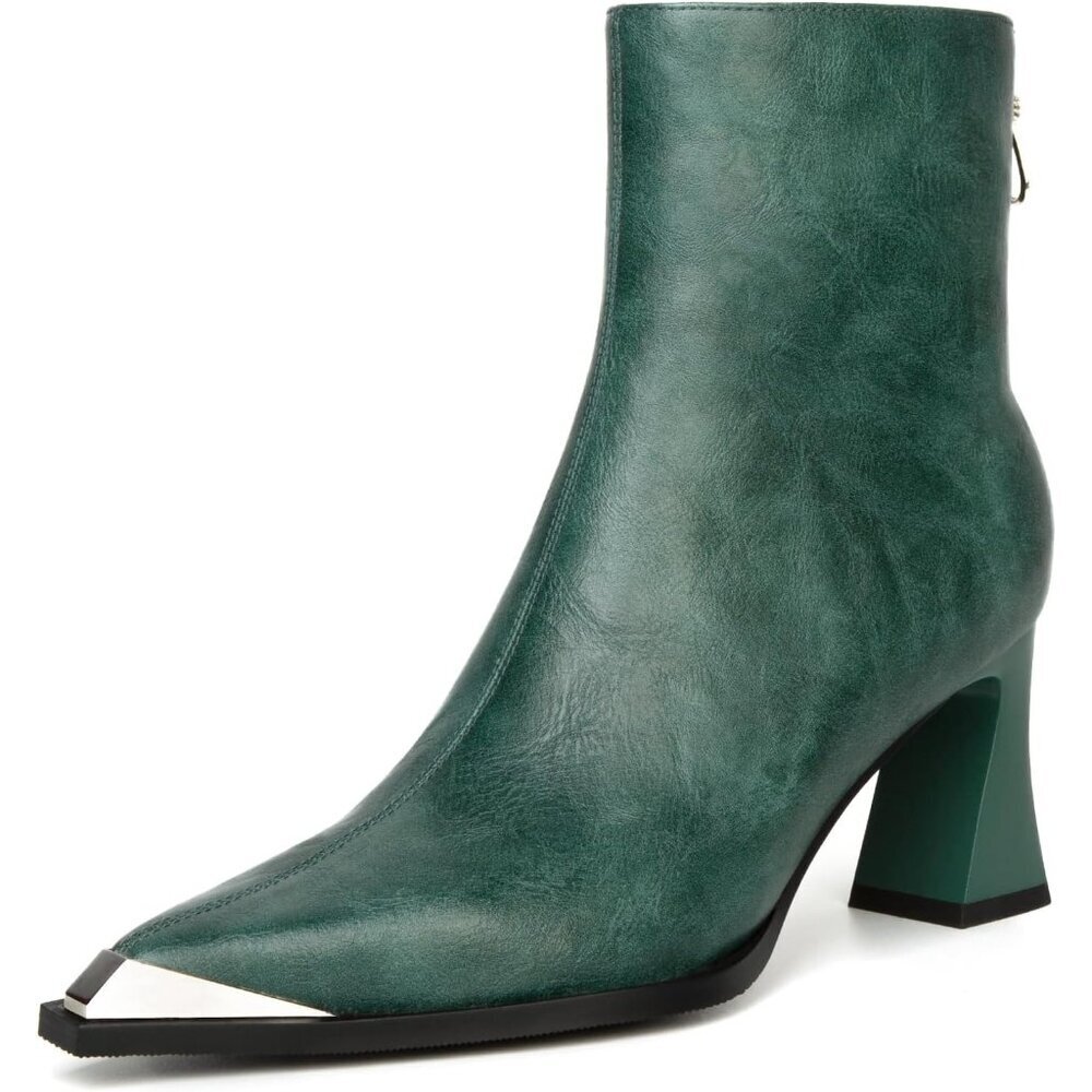 Women Green Metal Leather Side Zipper Chunky Block Heels Comfortable Fall Boots